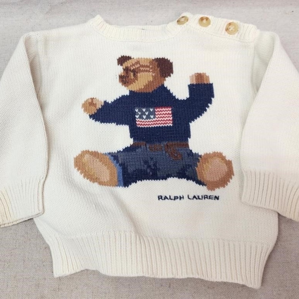 Polo Ralph Lauren Knit Sweater Infant 12-24 Mo. VNTG Sit Down Bear Flag Pullover